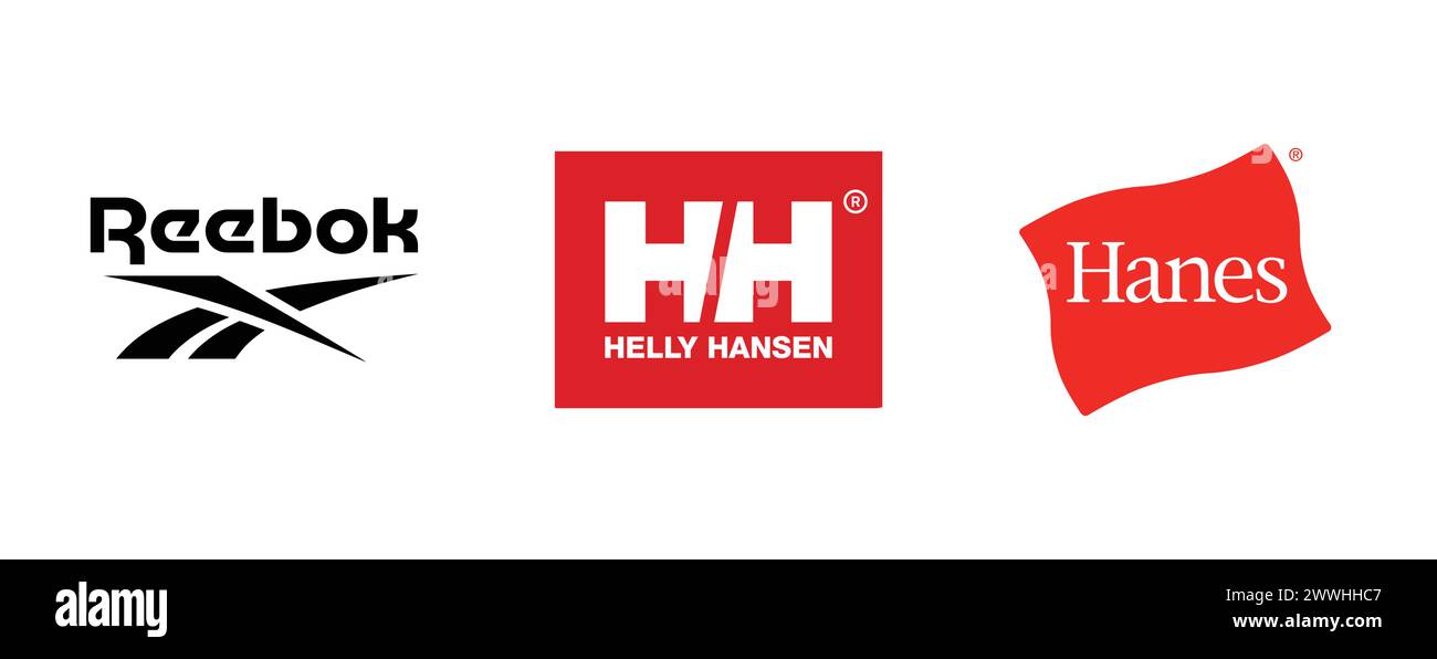 Reebok , Hanes, Helly Hansen. Editorial vector logo collection. Stock Vector