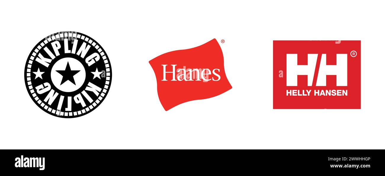 Hanes , Helly Hansen, Kipling. Editorial vector logo collection. Stock Vector