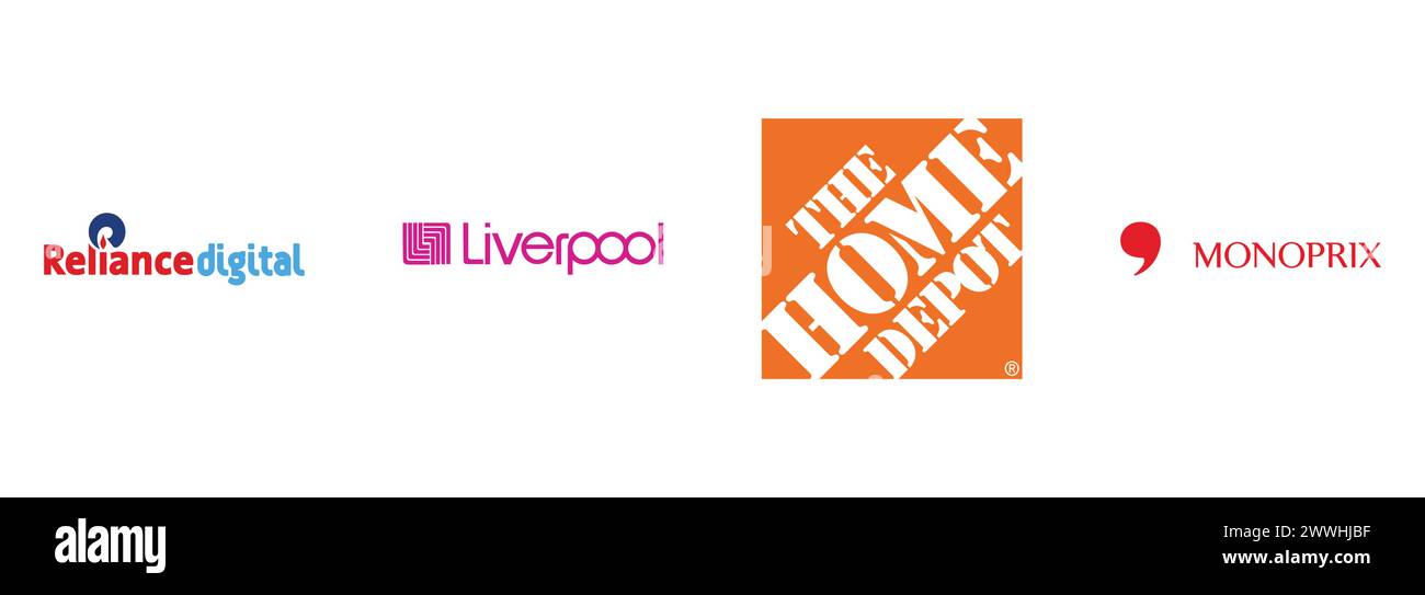 Monoprix, Reliance Digital, The Home Depot, El Puerto de Liverpool. Editorial vector logo collection. Stock Vector