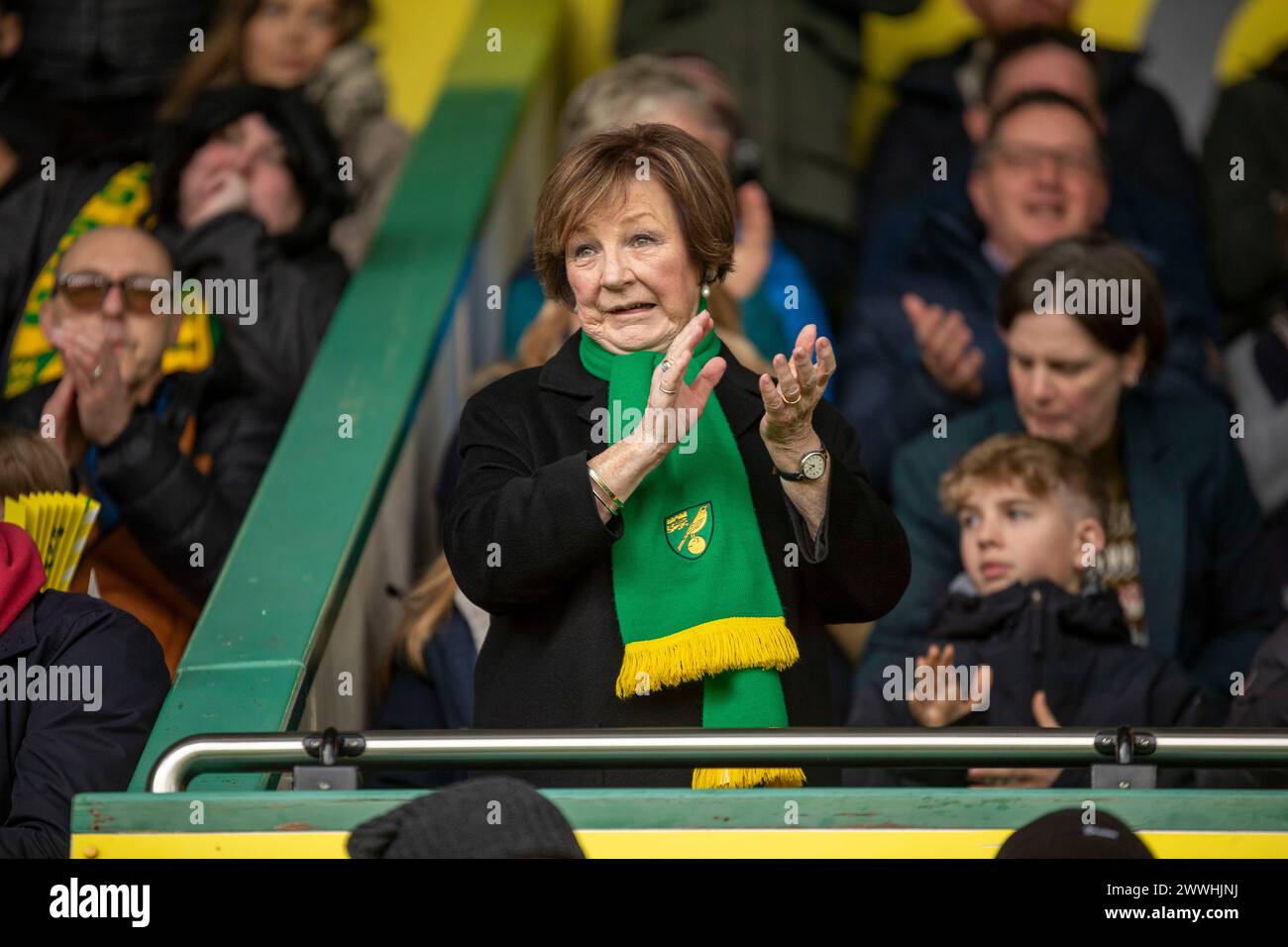 Norwich on Sunday 24th March 2024. Delia Smith, an owner of Norwich City FC is seen in the stands during the FA Women's National League Division One match between Norwich City Women and Queens Park Rangers at Carrow Road, Norwich on Sunday 24th March 2024. (Photo: David Watts | MI News) Credit: MI News & Sport /Alamy Live News Stock Photo