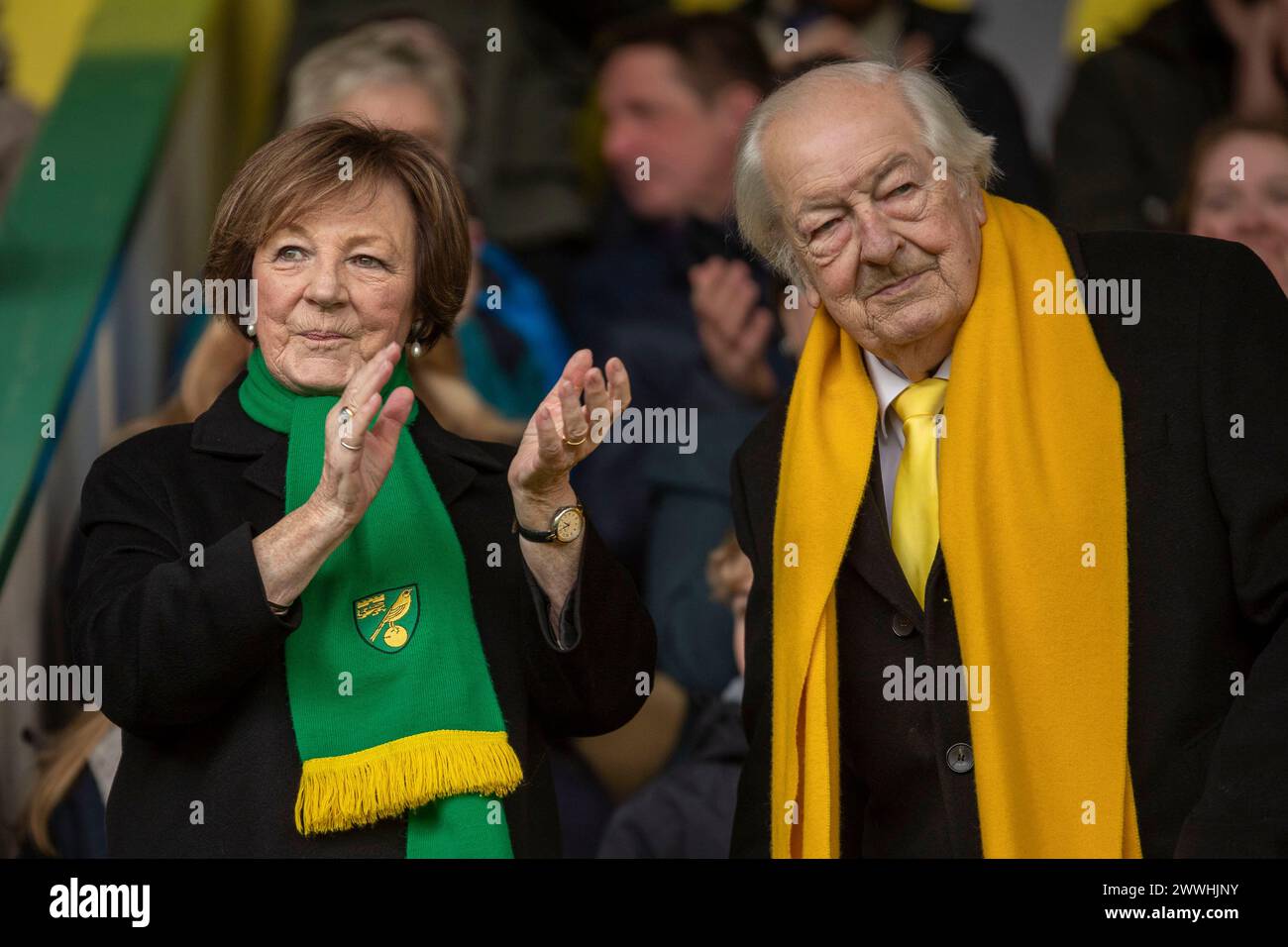 Norwich on Sunday 24th March 2024. Delia Smith and Michael Wynn-Jones, owners of Norwich City FC is seen in the stands during the FA Women's National League Division One match between Norwich City Women and Queens Park Rangers at Carrow Road, Norwich on Sunday 24th March 2024. (Photo: David Watts | MI News) Credit: MI News & Sport /Alamy Live News Stock Photo