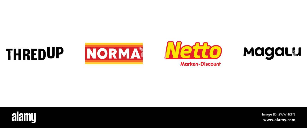 Netto, Magalu , Thredup, Norma. Editorial vector logo collection. Stock Vector