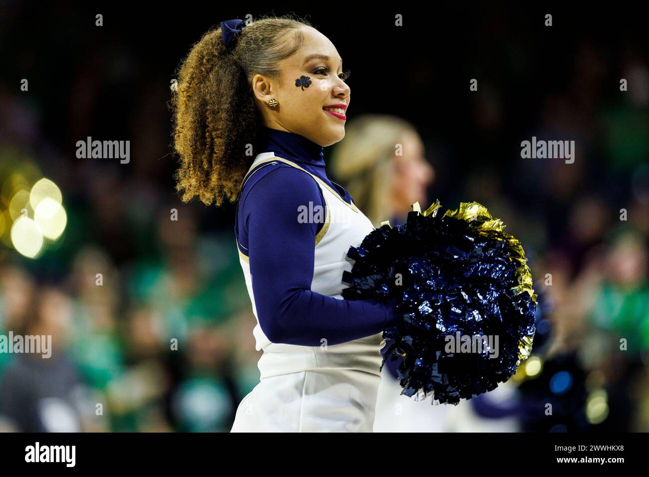 South Bend, Indiana, USA. 23rd Mar, 2024. Notre Dame cheerleader performs during NCAA Women's Tournament First Round basketball game action between the Kent State Golden Flashes and the Notre Dame Fighting Irish at Purcell Pavilion at the Joyce Center in South Bend, Indiana. John Mersits/CSM (Credit Image: © John Mersits/Cal Sport Media). Credit: csm/Alamy Live News Stock Photo