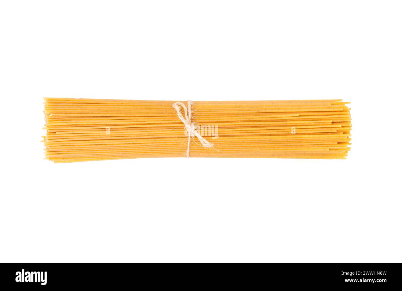 Raw spaghetti pasta tied with thread isolated on white background, top ...