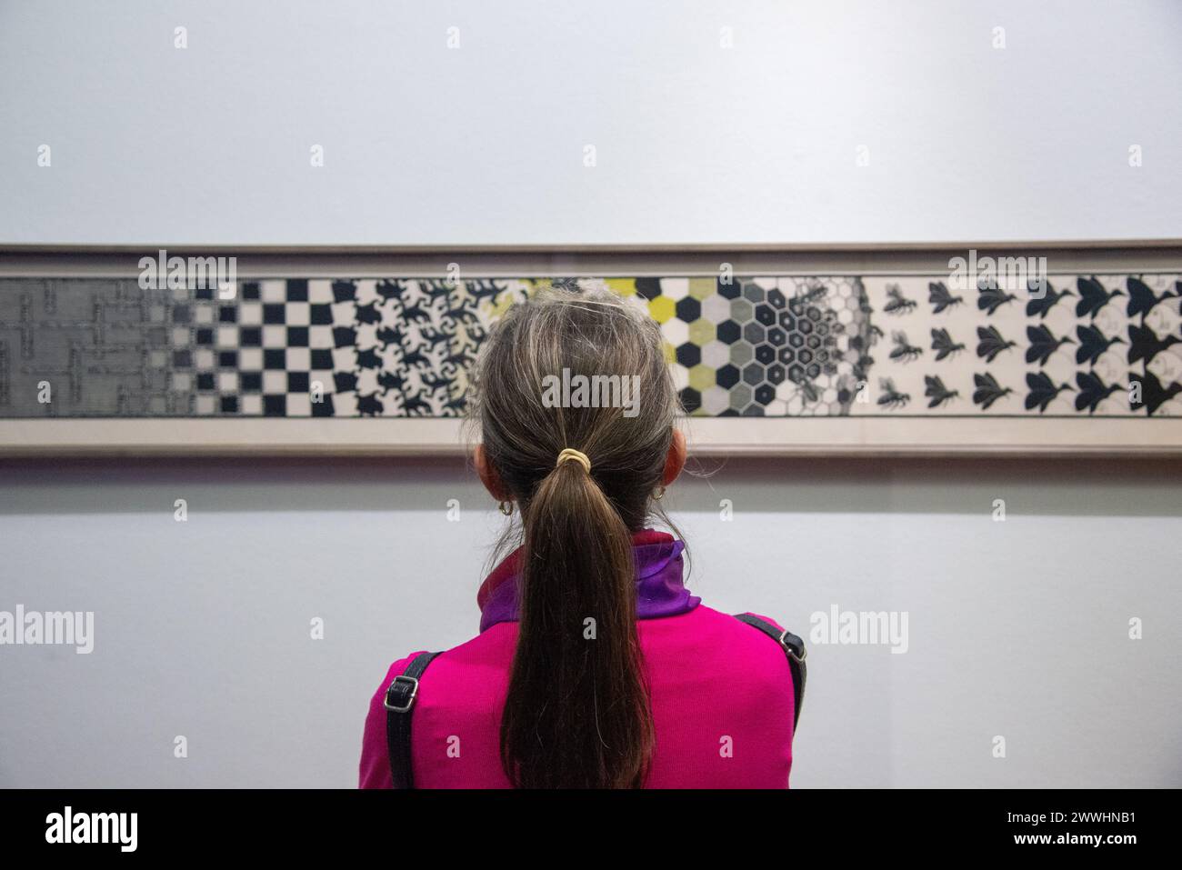 visitor looking at 'Metamorphose II' by dutch artist Escher at exhibition Stock Photo