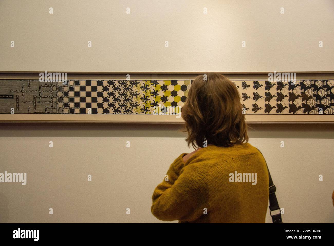 visitor looking at 'Metamorphose II' by dutch artist Escher at exhibition Stock Photo