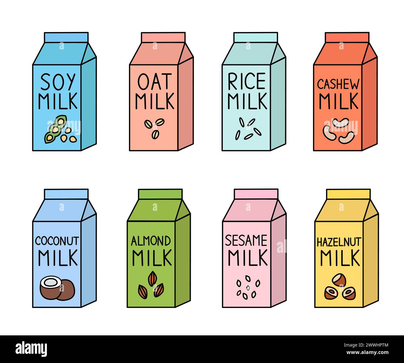 Vegan milk set. Almond, soybean, rice, hazelnut, coconut, cashew