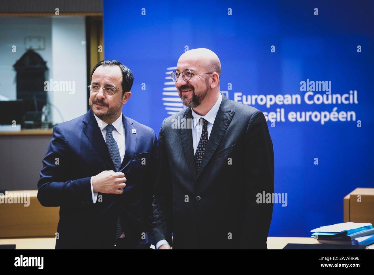 Brussels, Belgium. 21st Mar, 2024. Nicolas Landemard/Le Pictorium - European Summit March 2024 - 21/03/2024 - Belgium/Brussels/Brussels - Charles Michel (R) and Nikos Christodoulides (L) Tour de table of heads of state at the European summit. Credit: LE PICTORIUM/Alamy Live News Stock Photo