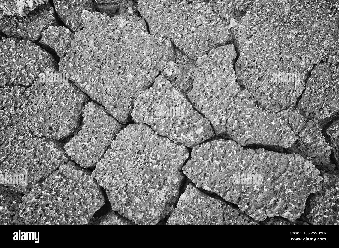 Black and white close up photo of volcanic rocks, nature background, Galapagos Islands, Ecuador. Stock Photo