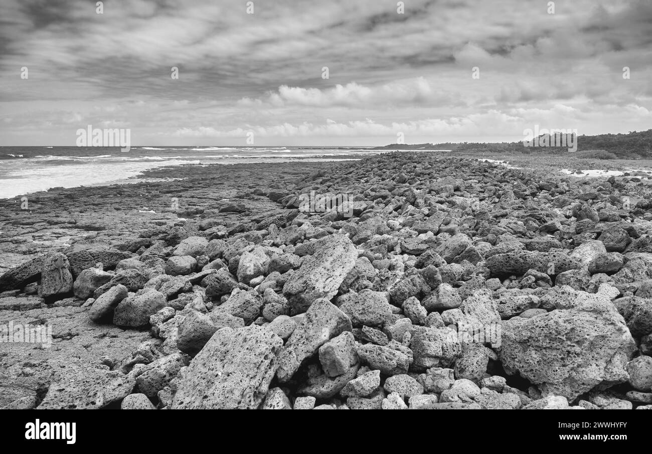 Black and white photo of a volcanic beach, Galapagos Islands, Ecuador