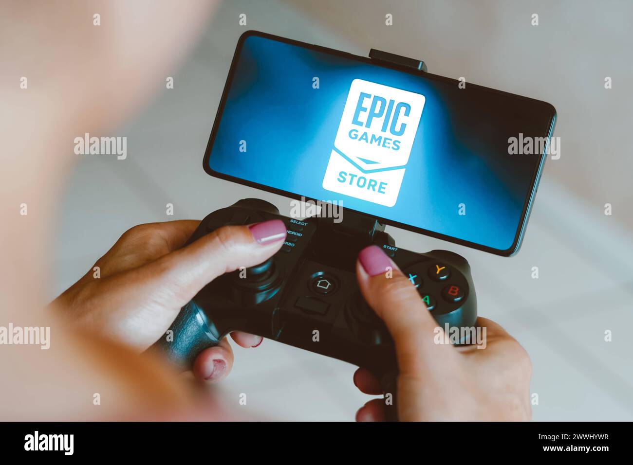 December 4, 2023, Brazil. In this photo illustration, the Epic Games Store logo is displayed on a smartphone screen as a December 4, 2023, Brazil. In Stock Photo
