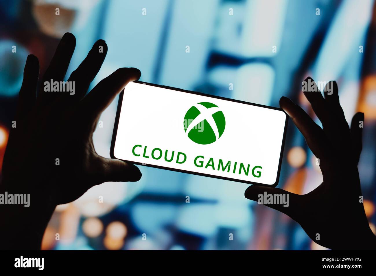 December 4, 2023, Brazil. In this photo illustration, the Xbox Cloud Gaming logo is displayed on a smartphone screen. De December 4, 2023, Brazil. In Stock Photo