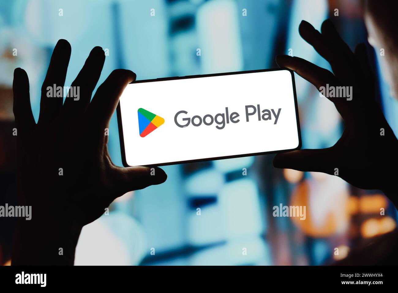 December 4, 2023, Brazil. In this photo illustration, the Google Play logo is displayed on a smartphone screen. December December 4, 2023, Brazil. In Stock Photo