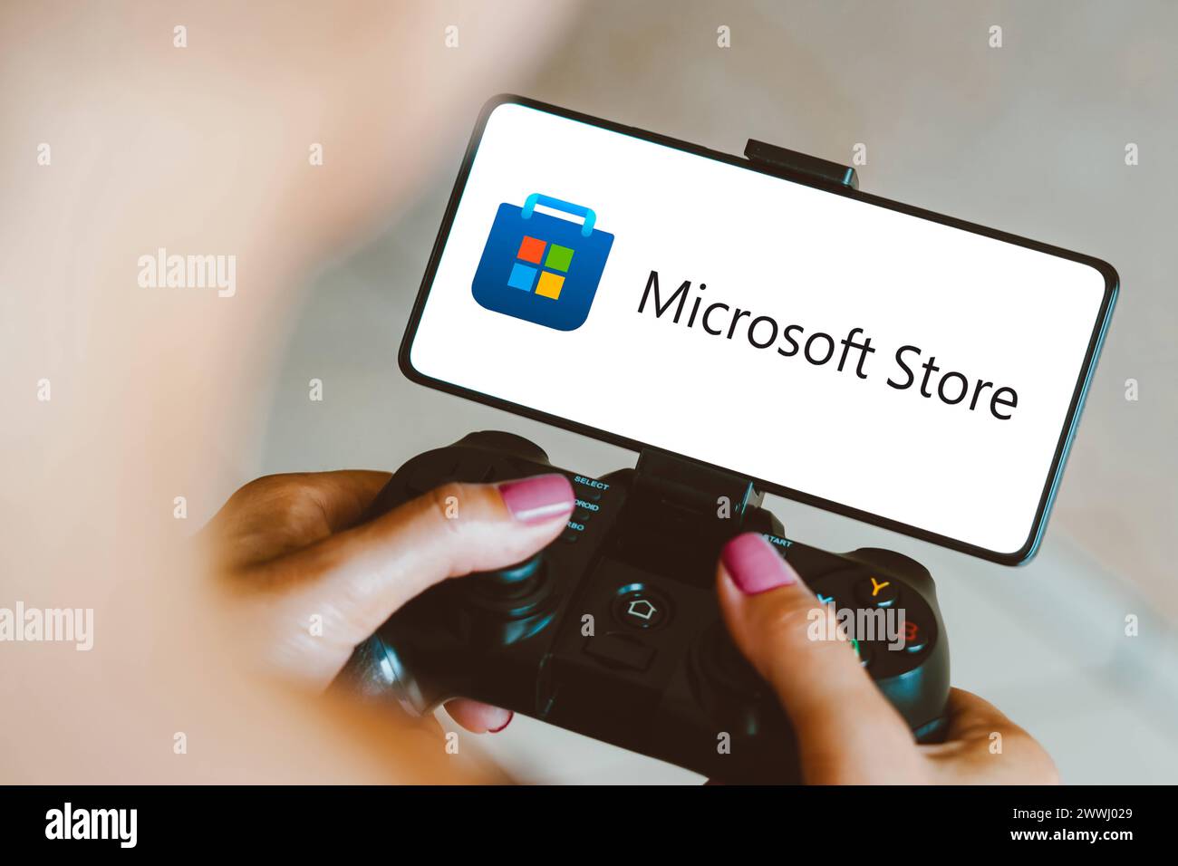December 4, 2023, Brazil. In this photo illustration, the Microsoft Store logo is displayed on a smartphone screen as a December 4, 2023, Brazil. In t Stock Photo
