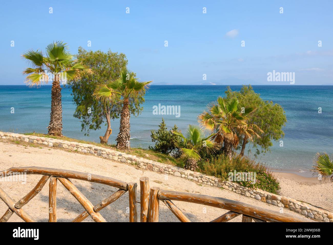 Paradise Beach, the most famous beach on the island of Kos. Greece Stock Photo