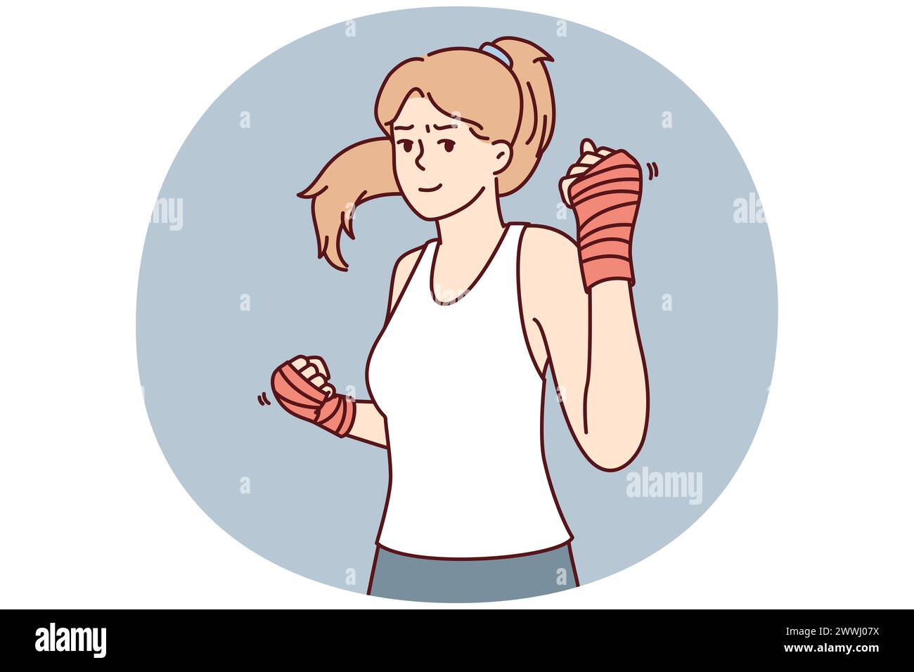 Strong woman with boxing bandages on hands inviting to fight or play sports. Vector image Strong woman with boxing banda Strong woman with boxing band Stock Photo