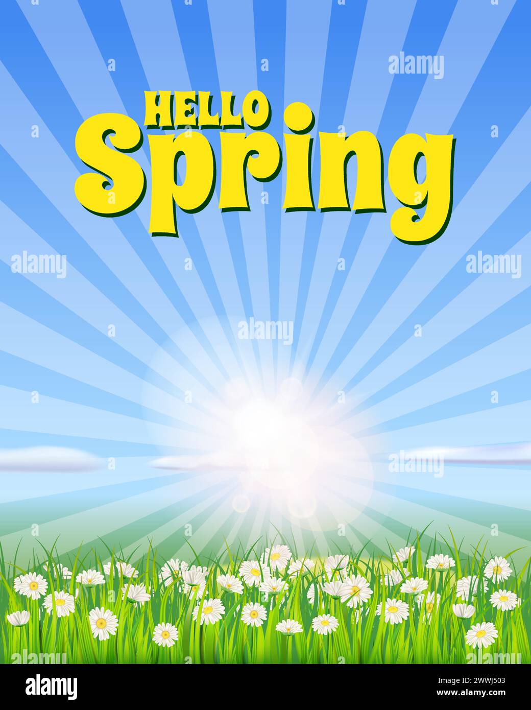 Hello spring landscape field green grass, daisy, dandelion flowers Stock Vector