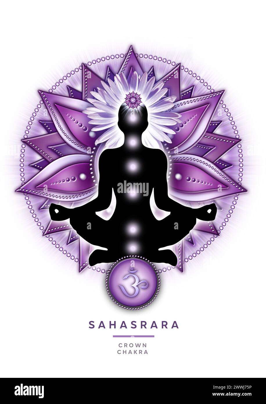 Crown chakra meditation in yoga lotus pose, in front of Sahasrara chakra symbol Stock Photo