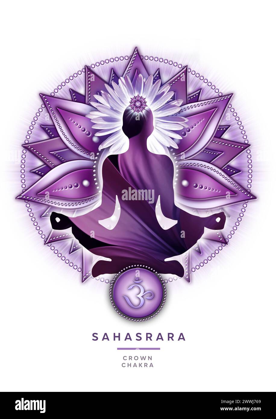 Crown chakra meditation in yoga lotus pose, in front of Sahasrara chakra symbol Stock Photo