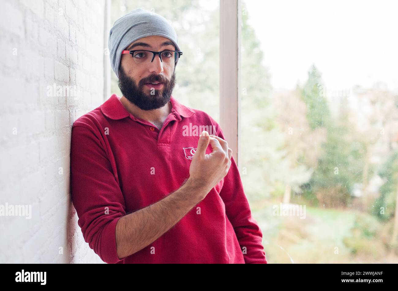 Portrait of refugee from Syria Tilburg, Netherlands. Portrait on location of Syrian refugee Ammar, telling about his experiences in a Dutch refugee centre. MRYES Tilburg Noodopvang, Kruisvaarderstraat Noord-Brabant Nederland Copyright: xGuidoxKoppesx Stock Photo