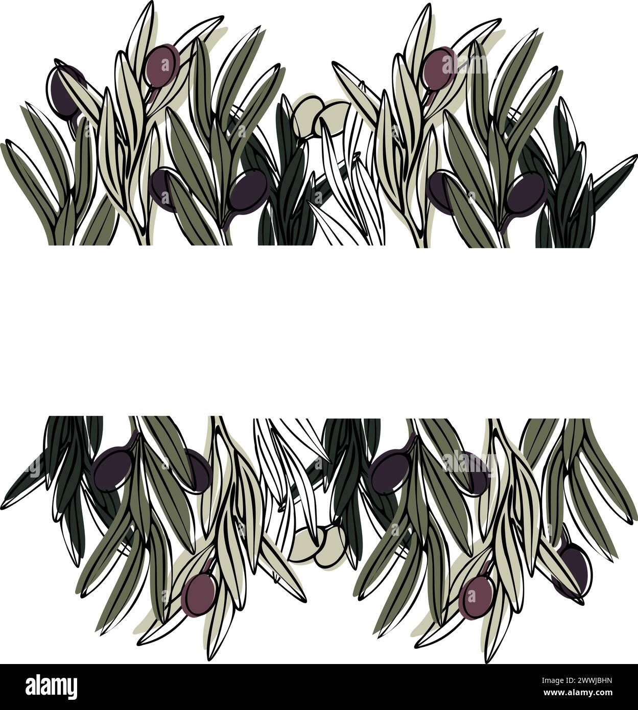 Vector frame with olive tree branch with leaves and olives fruit. Hand ...