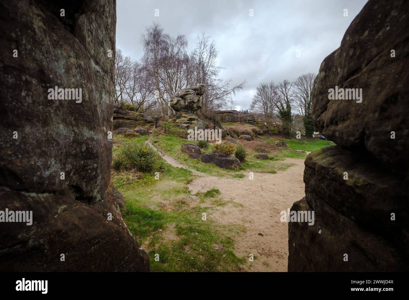 Ancient Sandstone rock formations at Tunbridge Wells Rusthall Common laid down during the ice age and eroded by wind & water into spectacular shapes. Stock Photo