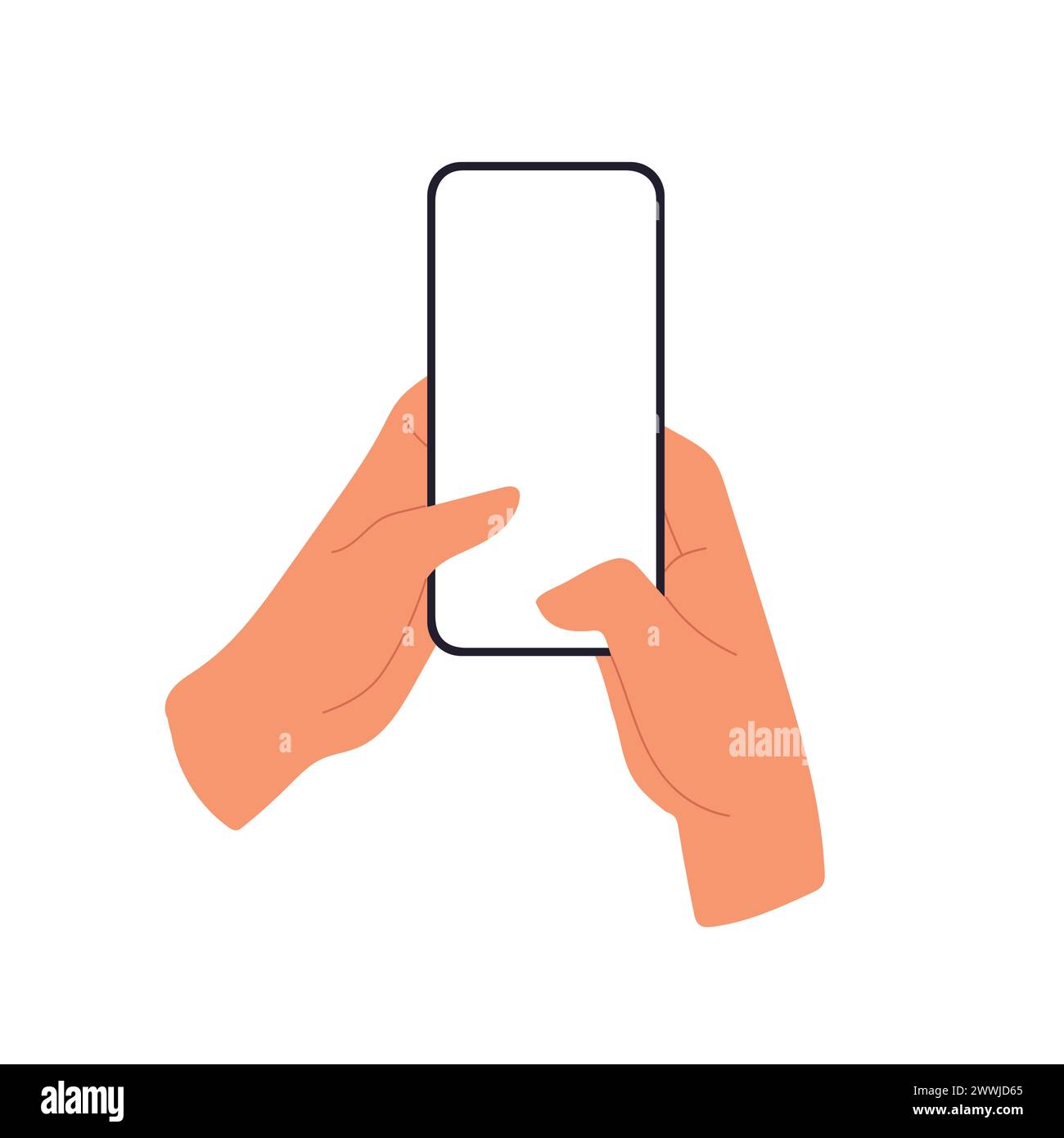 Hands texting on mobile phone screen mockup. Two thumbs tapping on smartphone display. Flat vector illustration isolated on white. Stock Vector
