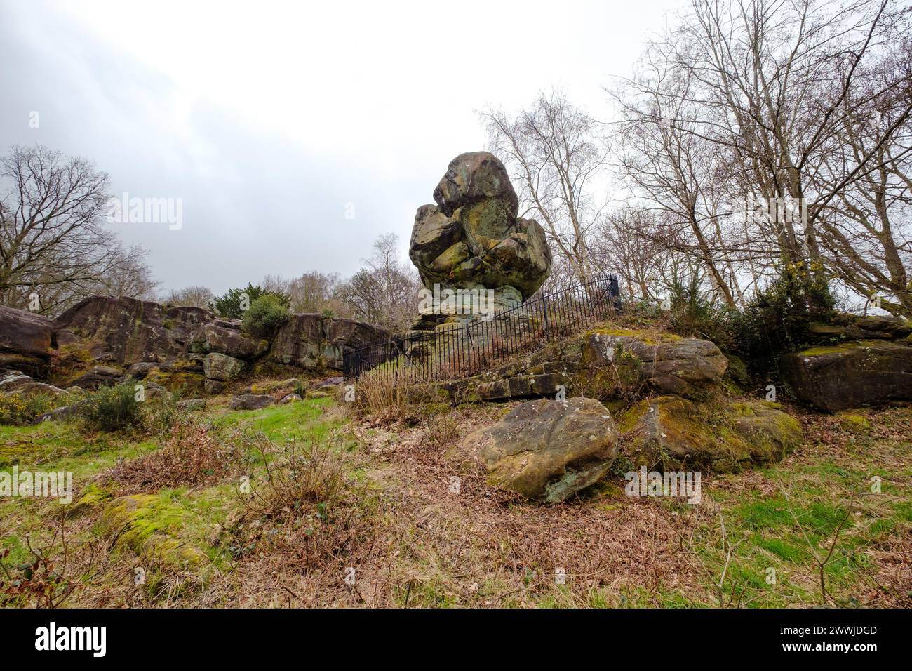 Ancient Sandstone rock formations at Tunbridge Wells Rusthall Common laid down during the ice age and eroded by wind & water into spectacular shapes. Stock Photo