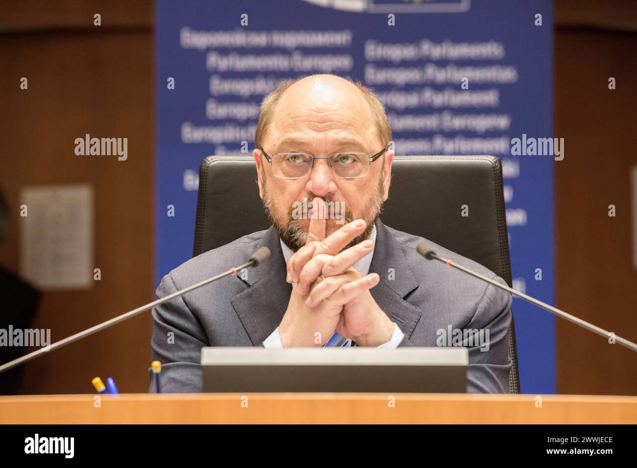 Chairman EuroPar European Parliamant, Brussels. The German Chairman of the European Parliament, Mr. Martin Schulz, in his seat, during the plenary sitting of February 24, 2016. Mr. Shulz is also a member of the Sozialdemokratische Partei Deutschlands or SPD. Brussel European Parliamant, Place du Le Brussel Belgie Copyright: xGuidoxKoppesx Stock Photo