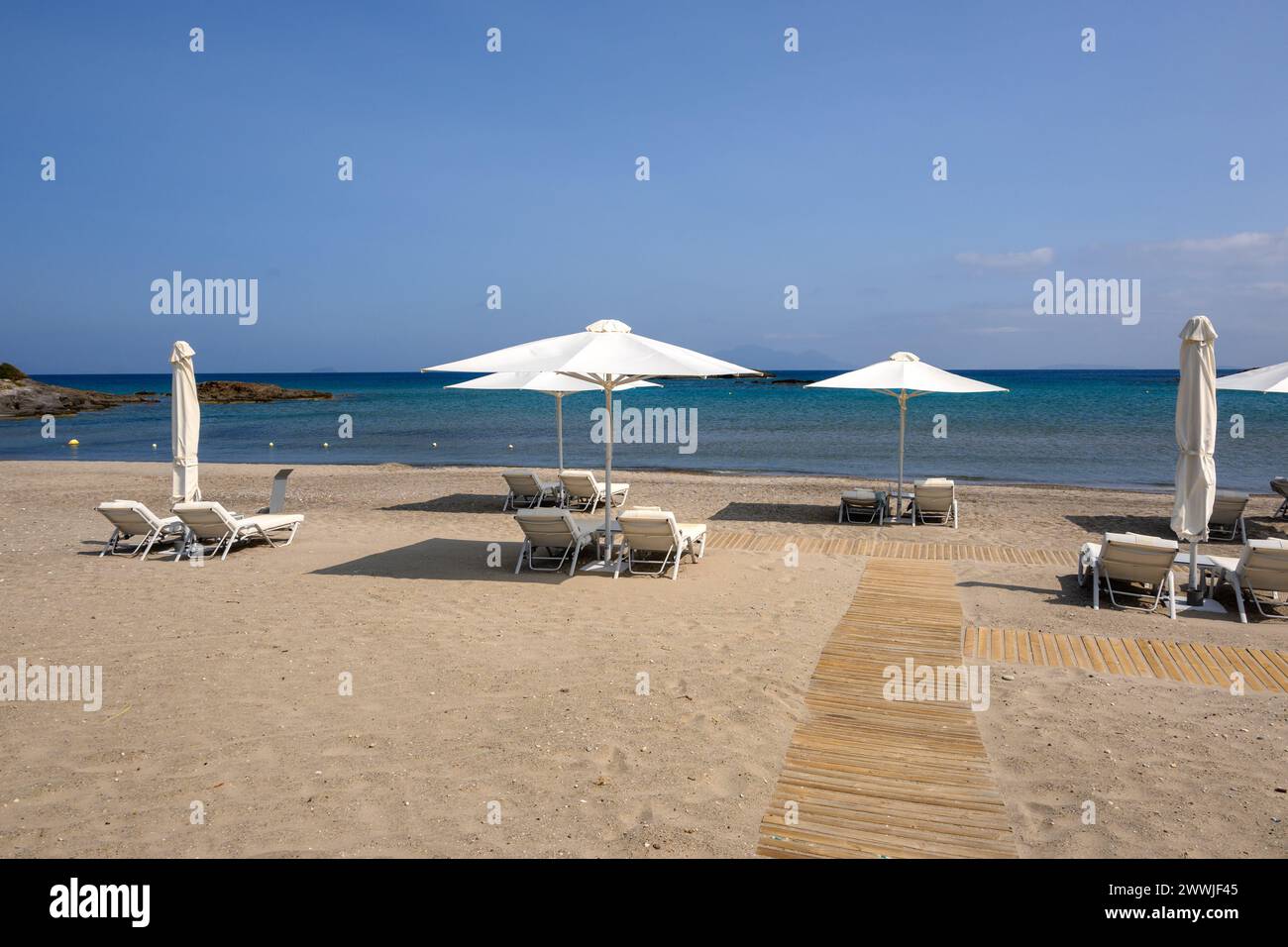 Agios Stefanos beach, a long beach of sand and fine pebbles on the island of Kos. Greece Stock Photo
