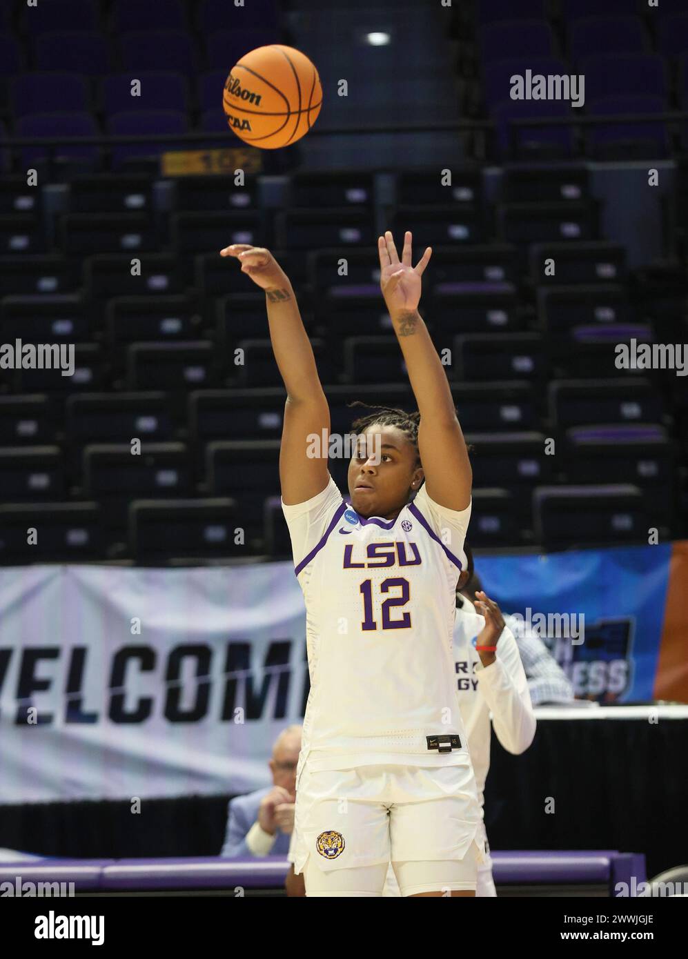 LSU Lady Tigers guard Mikaylah Williams (12) shoot some pregame jumpers