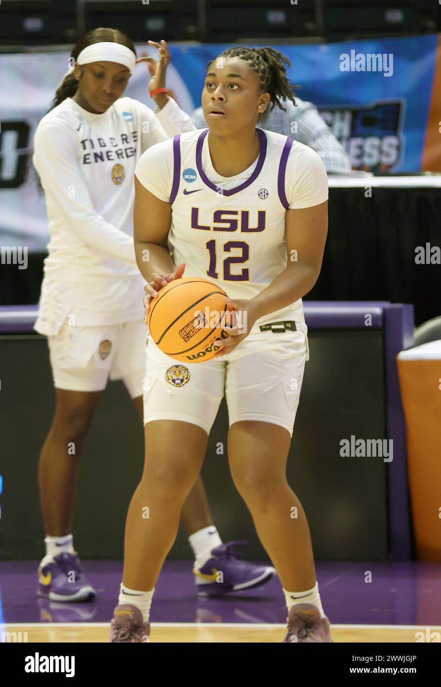 LSU Lady Tigers guard Mikaylah Williams (12) shoot some pregame jumpers