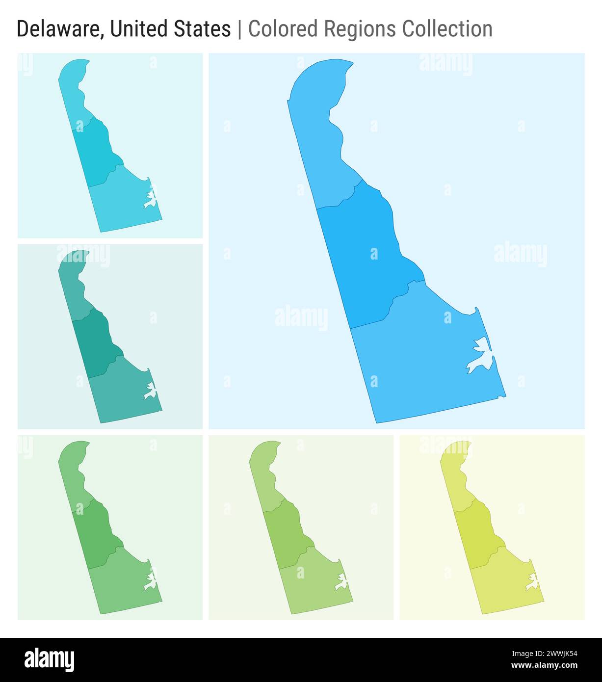 Delaware United States Map collection - Delaware United States Map Collection State Shape Colored Counties Light Blue Cyan Teal Green Light Green Lime Color Palettes 2WWJK54