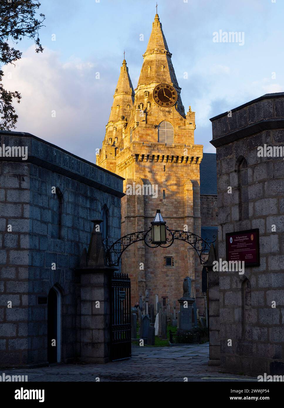 View of the west front of St Machar's Cathedral church at sunset, The Chanonry, Old Aberdeen, Aberdeen, Aberdeenshire, Scotland, UK Stock Photo