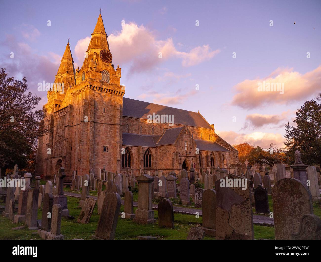 The graveyard of St Machar's Cathedral church in Autumn at sunset, The Chanonry, Old Aberdeen, Aberdeen,Aberdeenshire, Scotland, UK Stock Photo