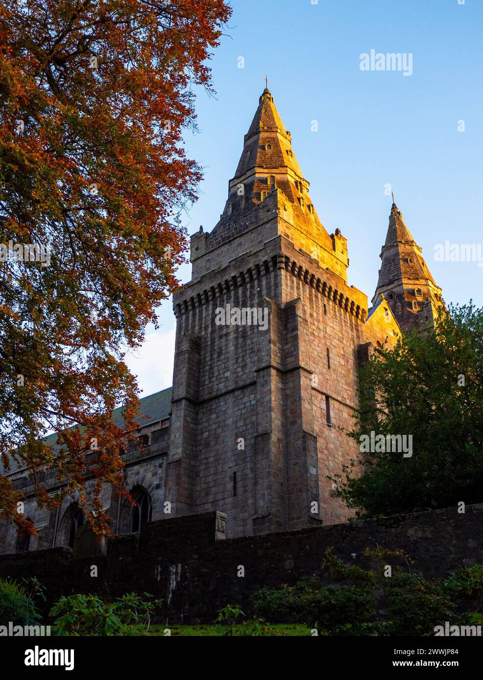 The west front of St Machar's Cathedral church at sunset on an Autumn evening, from Cathedral Walk, Old Aberdeen, Aberdeen,Aberdeenshire, Scotland, UK Stock Photo