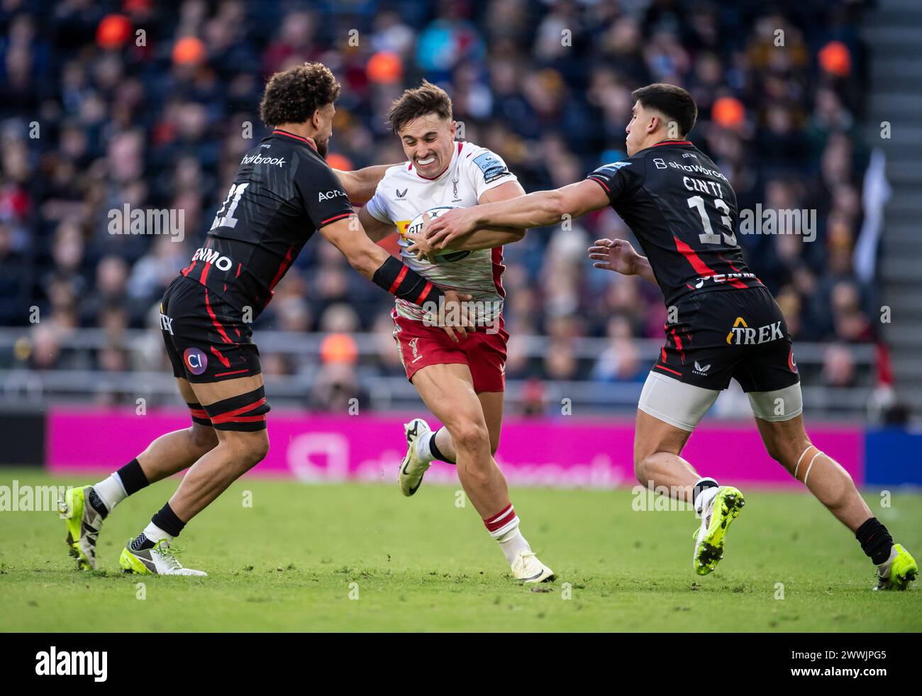 Saracens Andy Christy and Lucio Cinti and Harlequins Nick David in