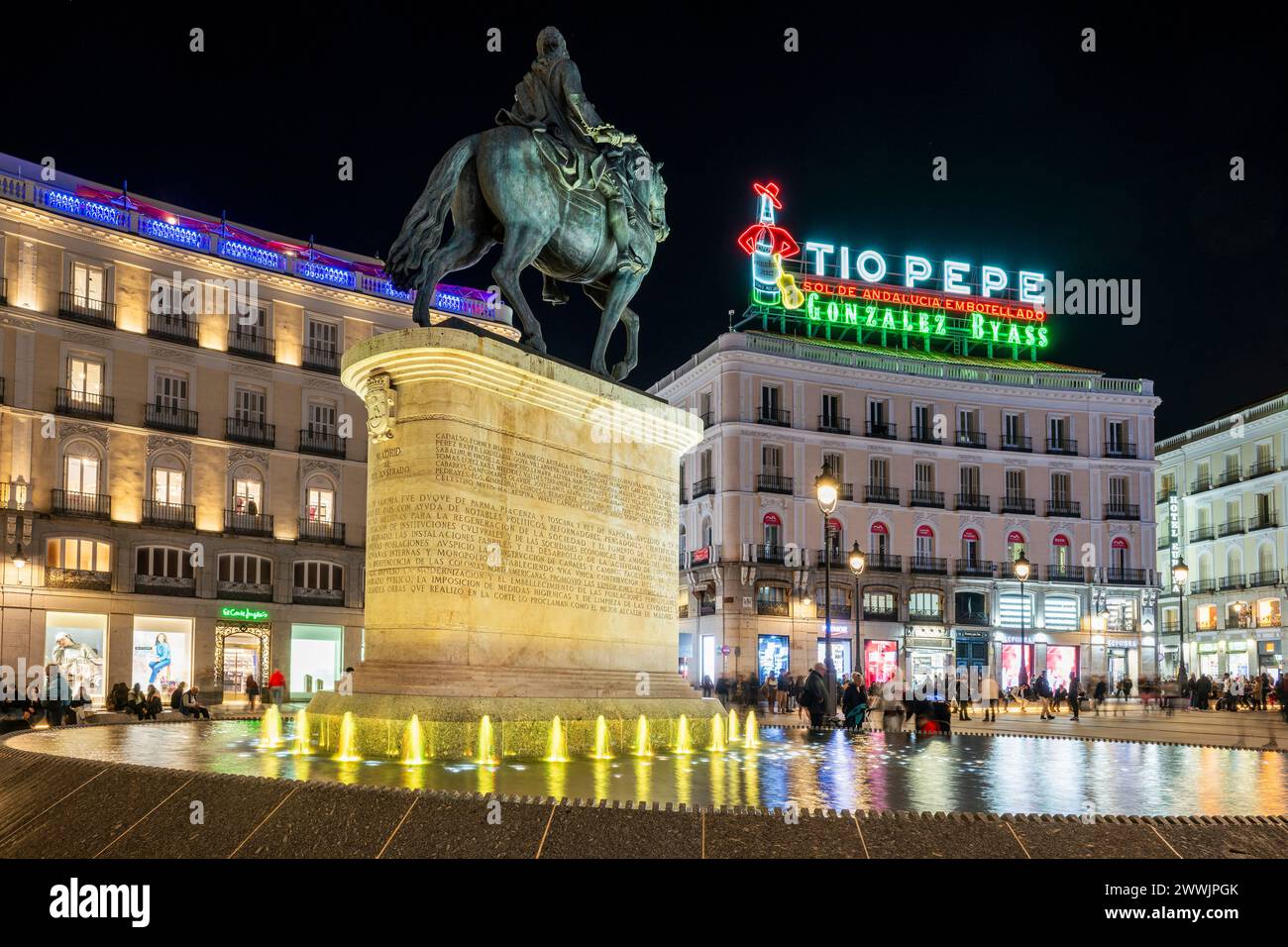 Night view of Puerta del Sol square, Madrid, Spain Stock Photo