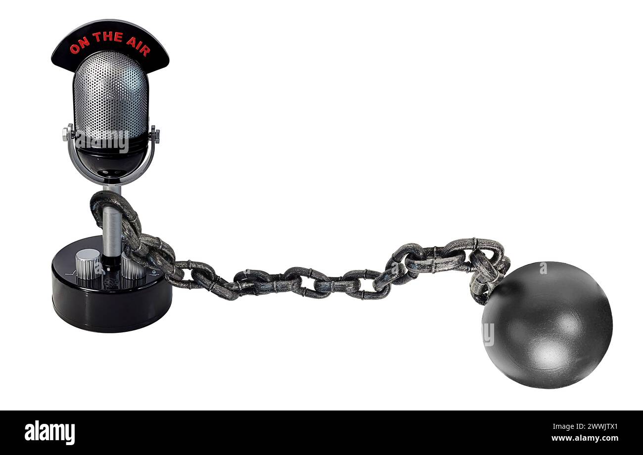 Antique microphone used for audio purposes and ball and chain to show