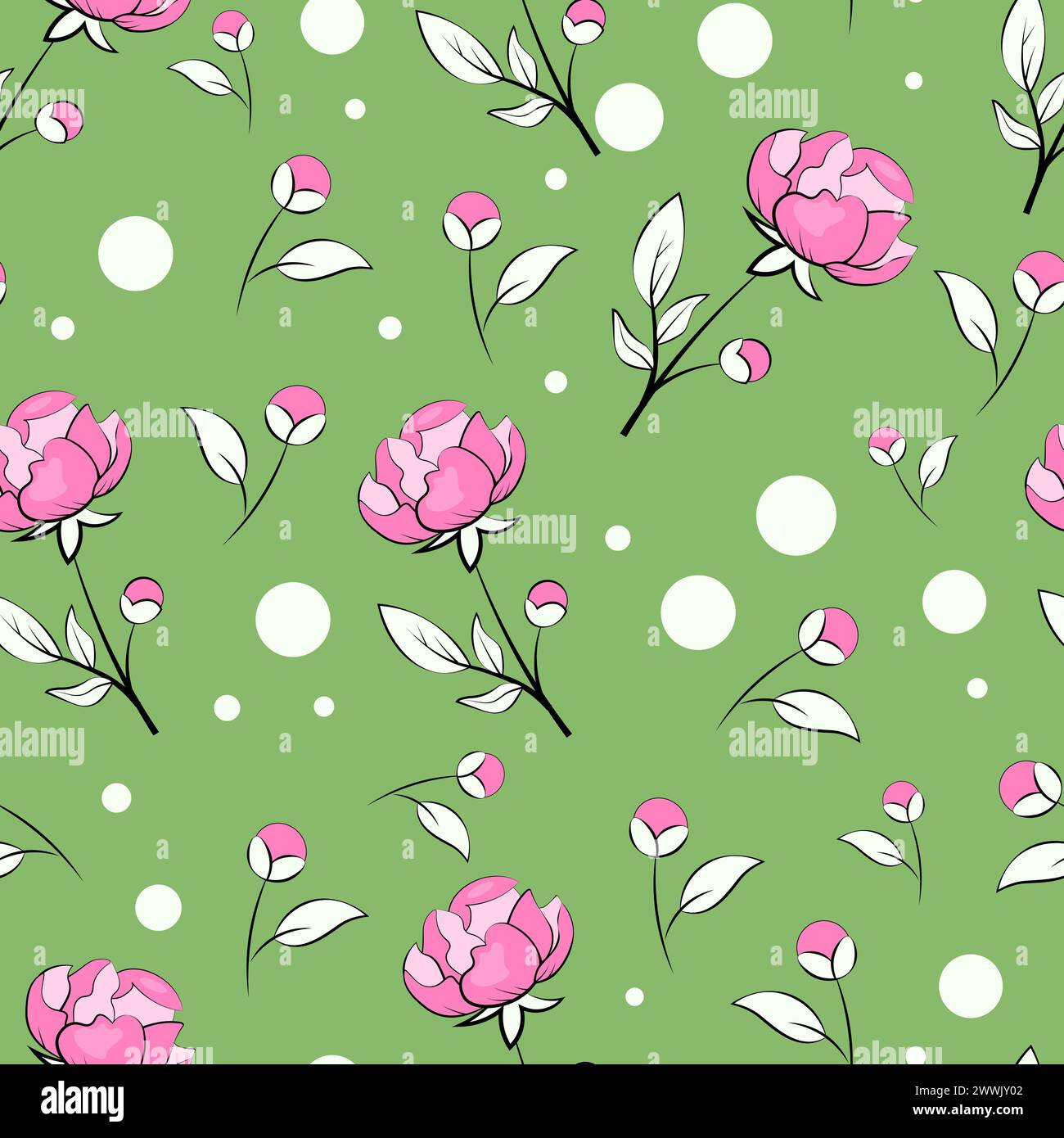 Seamless pattern with peonies on a green background Stock Vector