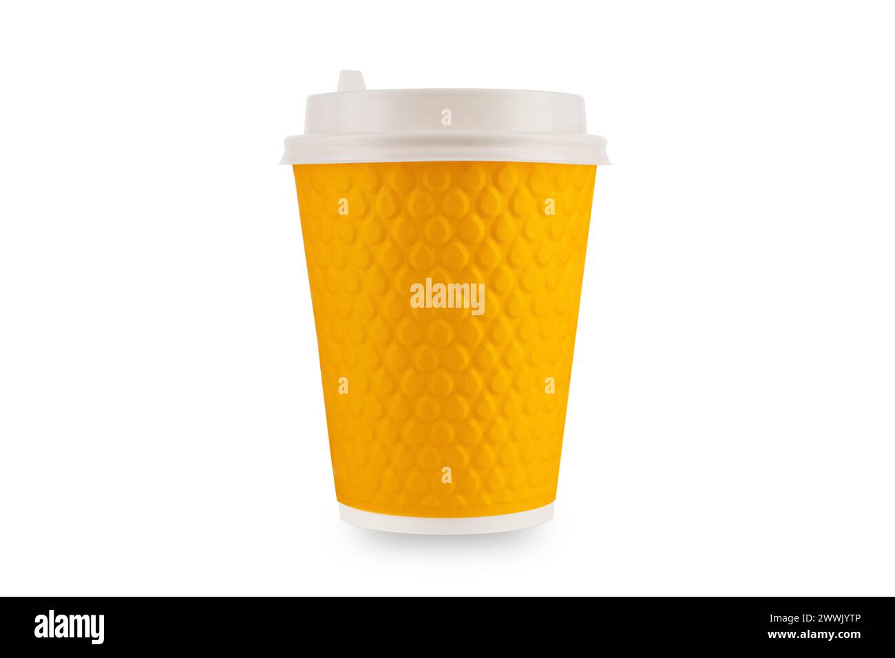 Yellow Disposable paper coffee cups mockup isolated blank template on a white background in high-quality studio shot Stock Photo