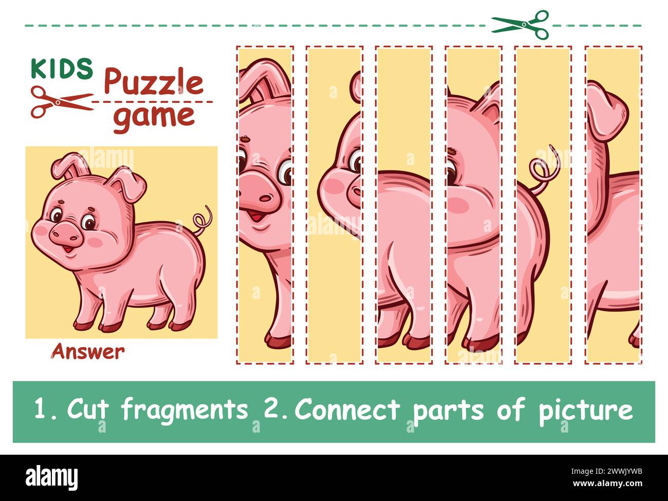 Cute pig, little piggy farm animal, children education puzzle game. Cut, connect parts piglet swine picture. Kid activity learning worksheet. Vector Stock Vector