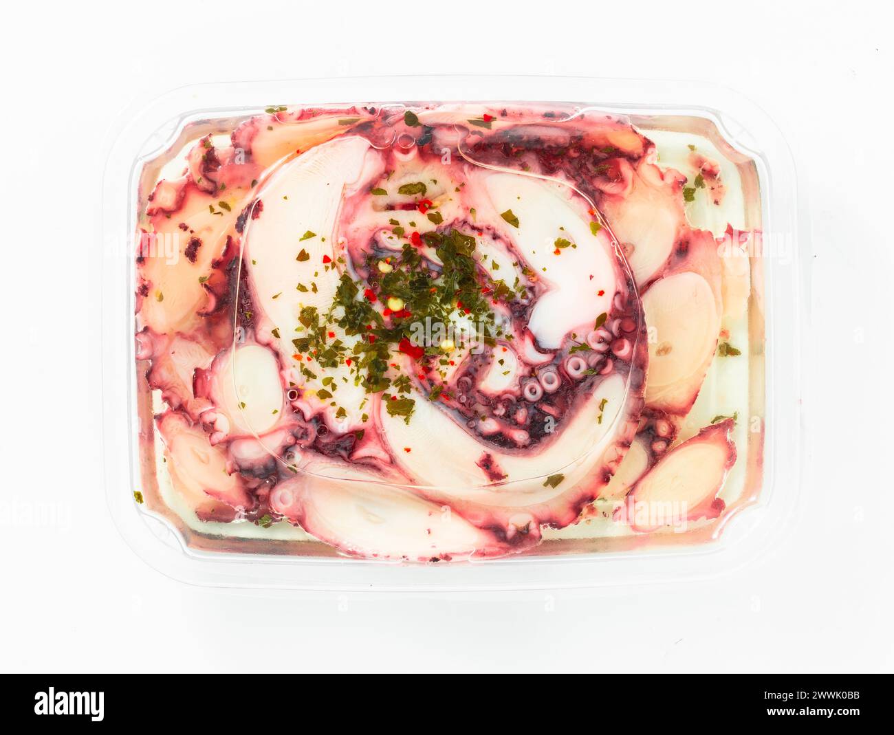 octopus carpaccio in oil in a package on white Stock Photo