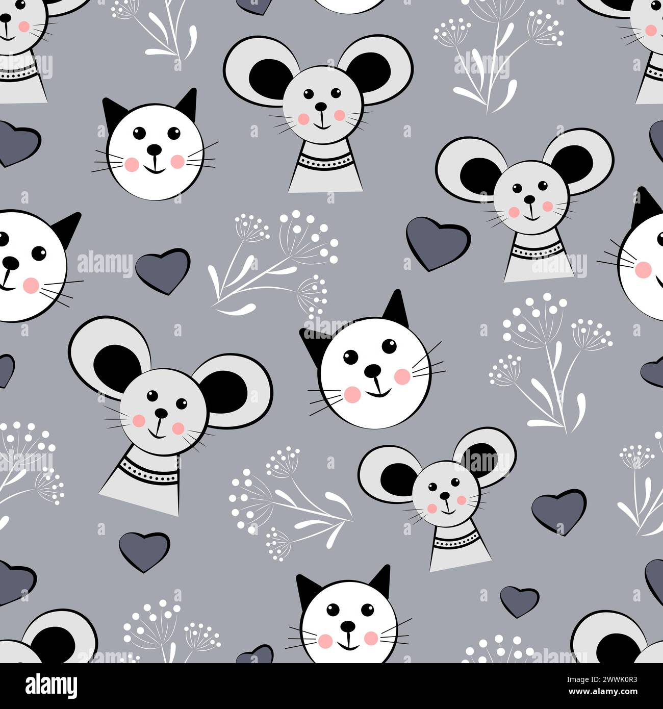 Seamless pattern of mouse and cats on grey background Stock Vector