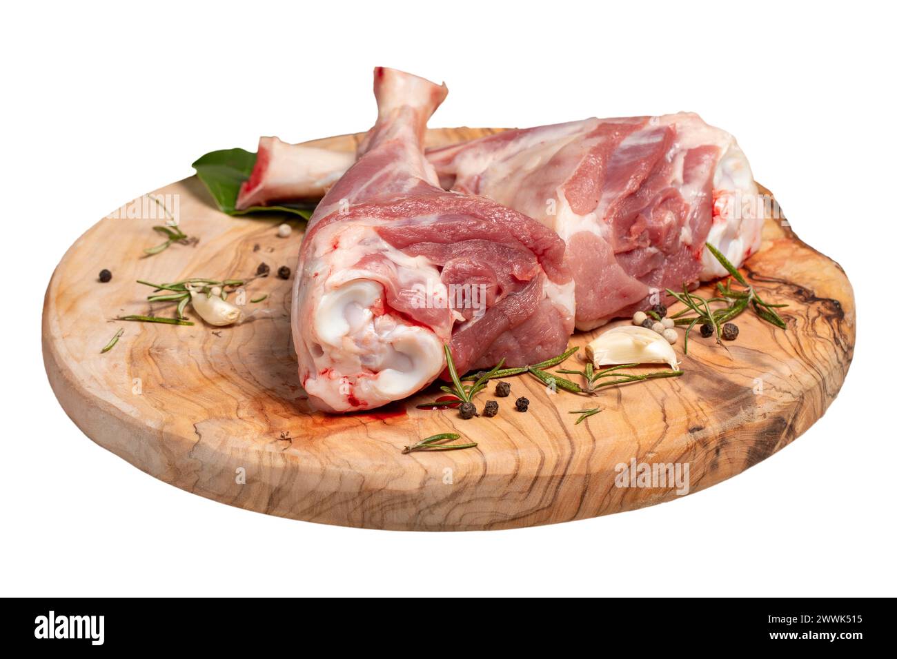 Lamb's shank. Butcher products. Lamb shank steak with bones isolated on white background. Stock Photo