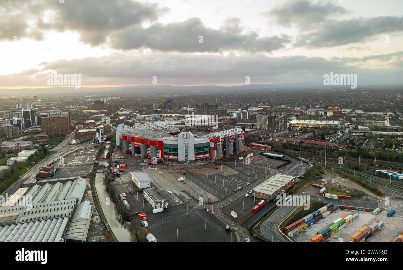 Sunrise over Old Trafford soccer football stadium of Manchester United - MANCHESTER, UNITED KINGDOM - MARCH 28TH 2024 Stock Photo