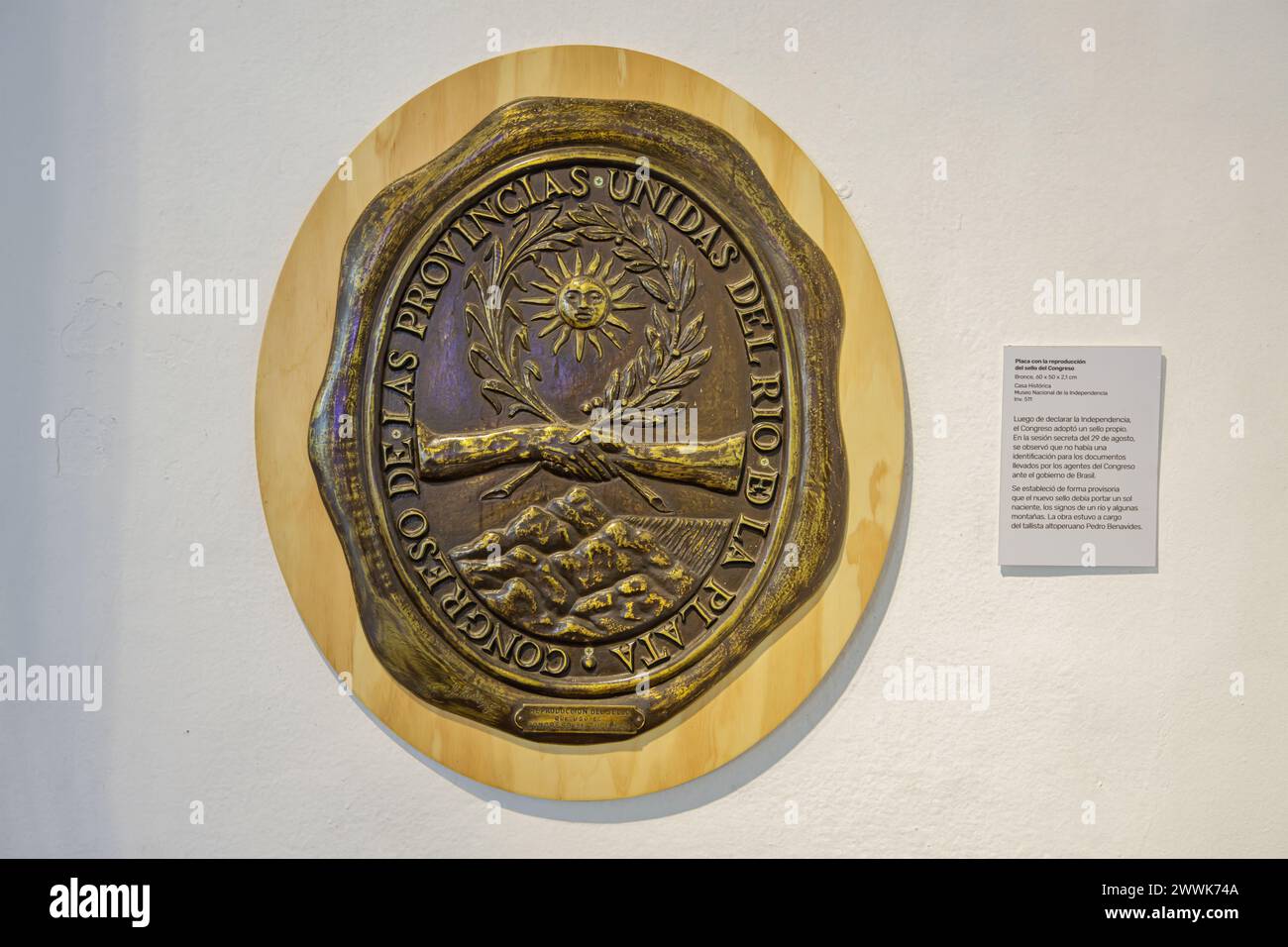 San Miguel de Tucuman, Argentina - January 18th, 2024: Bronze plate with the reproduction of the seal of the Congress of Tucuman in 1816. Stock Photo