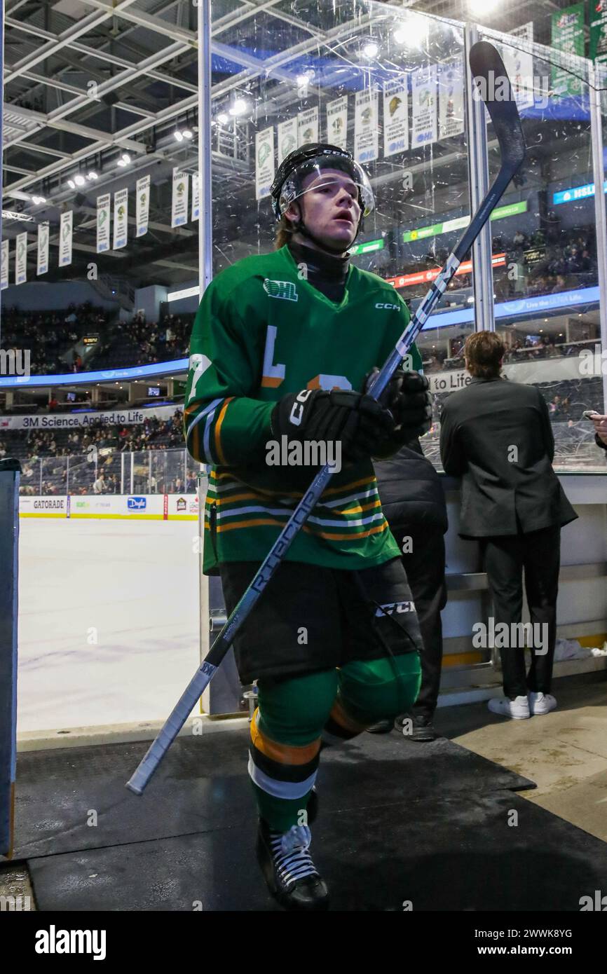 London, Canada. 24th Mar, 2024. Easton Cowan (7) of London Knights before the last game of the 2023-2024 season. (Editorial Only) Credit: Luke Durda/Alamy Live News Stock Photo