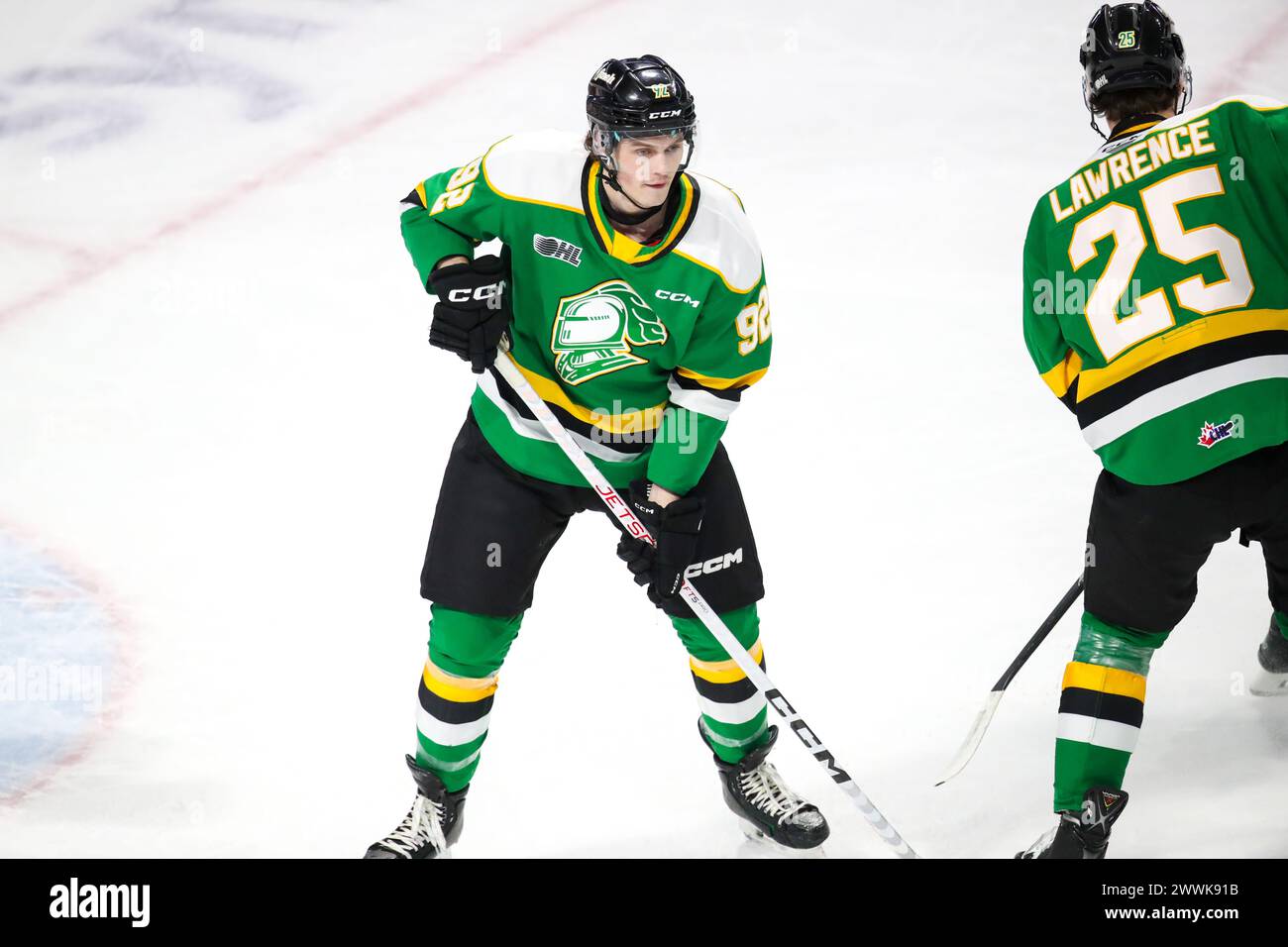London, Canada. 24th Mar, 2025. The London Knights take on the Guelph Storm in the last game of