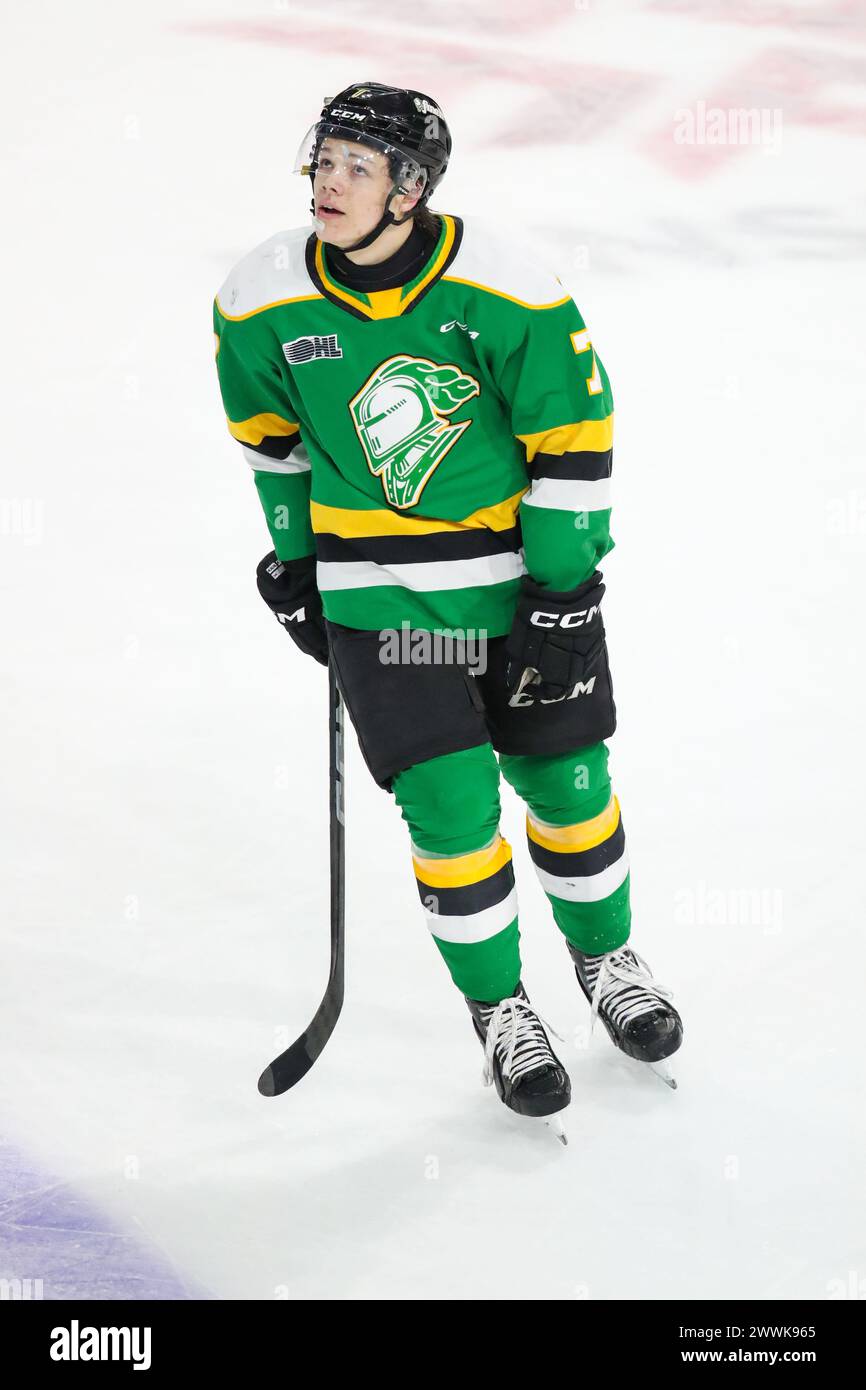 London, Canada. 24th Mar, 2024. The London Knights defeat the Guelph Storm 3-0 on the last game of the 2023-2024 season. Easton Cowan (7) of London Knights scores the third goal of the game. (EDITORIAL ONLY) Credit: Luke Durda/Alamy Live News Stock Photo
